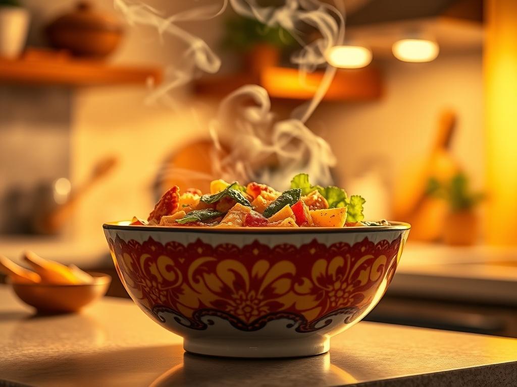 A steaming bowl of instant heat meal, showcasing vibrant colors and ingredients. The bowl is placed on a kitchen counter with a cozy, homey background, emphasizing ease and comfort.