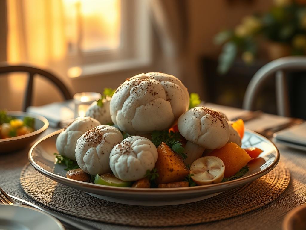 A beautifully plated dish featuring giant puffball mushrooms, surrounded by vibrant vegetables and garnishes. The setting includes a cozy dining table with soft golden lighting creating a warm and inviting atmosphere.