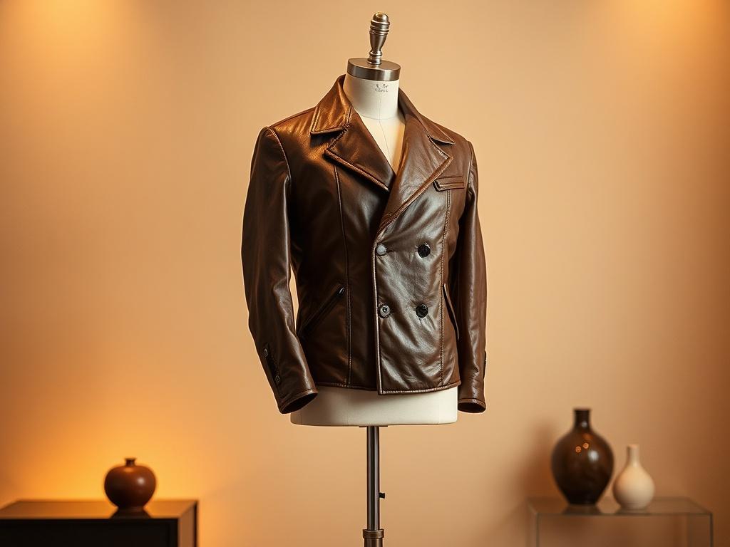 A realistic high-resolution image of a luxury Italian leather jacket made from giant puffball mushrooms, displayed on a simple, elegant mannequin. The jacket should have a sophisticated design with a rich, deep color that showcases the unique texture of the mushroom leather. The background should feature soft, golden hues and serene lighting, creating a cozy atmosphere that highlights the jacket's luxurious appeal.
