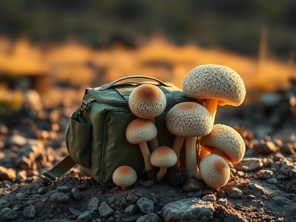 A compact, well-designed army ration pack featuring giant puffball mushrooms, displayed on a rugged outdoor setting. The image captures the essence of adventure and convenience, with earthy tones and a natural backdrop.