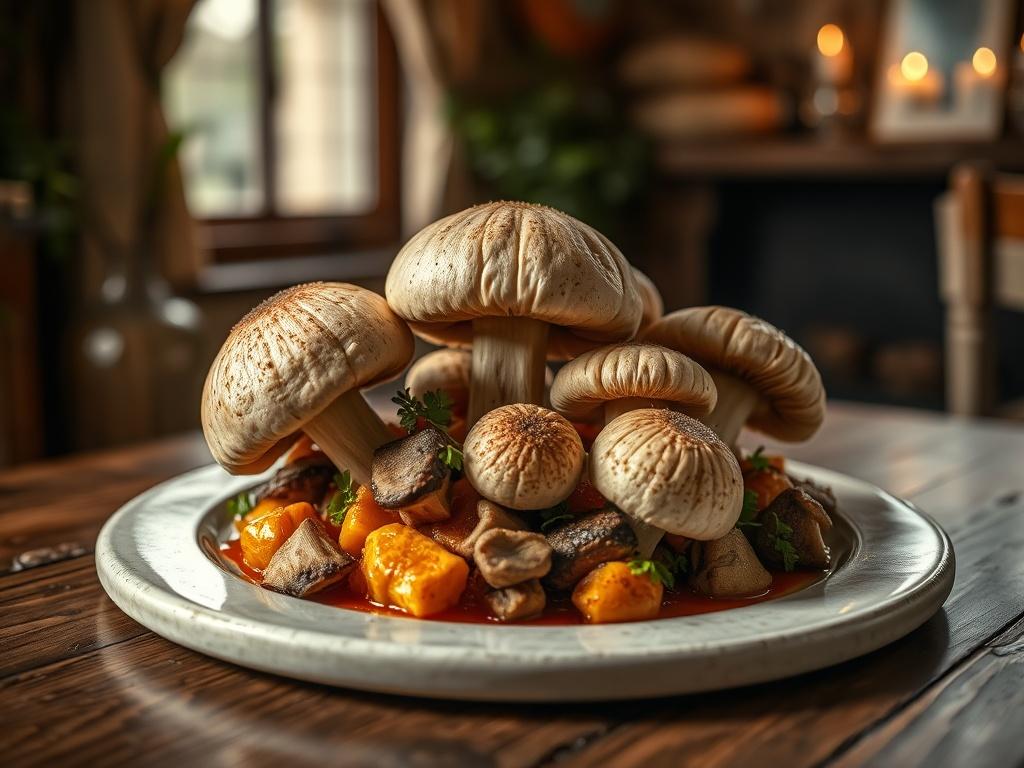 A beautifully plated Michelin star meal featuring giant puffball mushrooms, elegantly arranged on a rustic wooden table. The dish is vibrant with colors and textures, set in a cozy atmosphere with soft lighting that enhances its gourmet appeal.