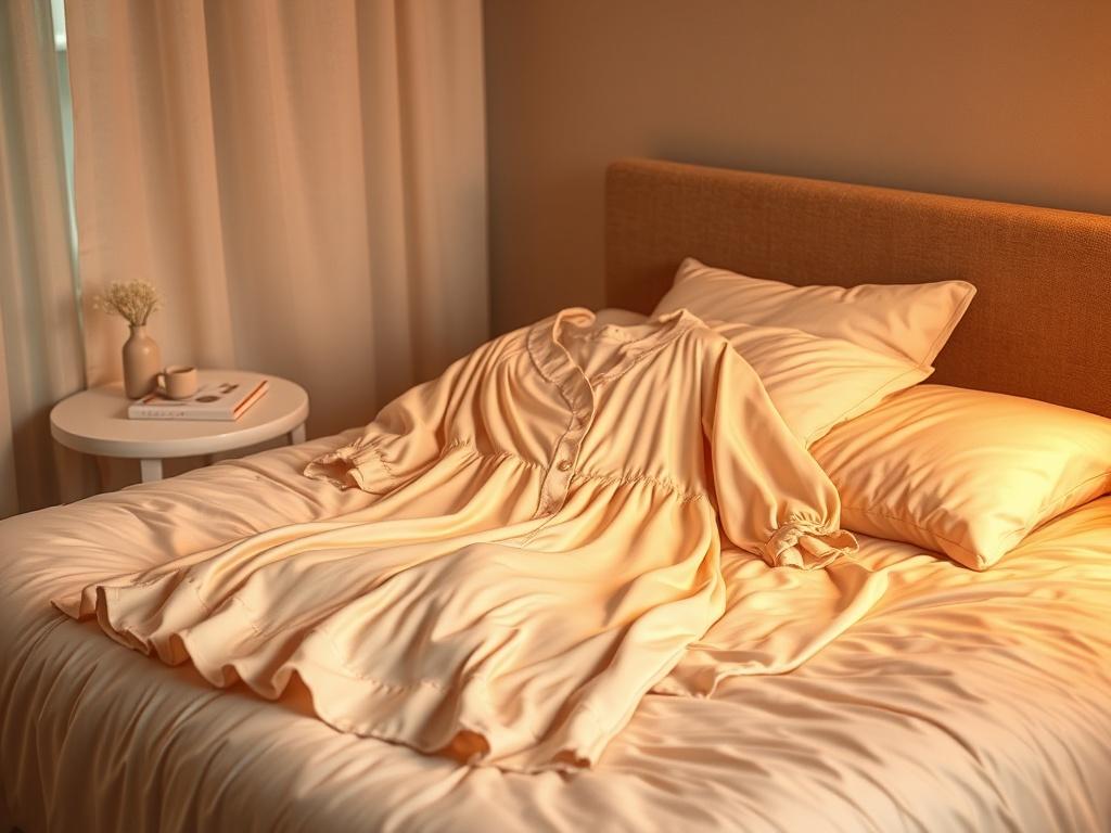 A realistic high-resolution photo of an Oversize Nighty XXXL TALL, displayed on a soft, inviting bed with cozy golden hues and soft lighting. The nighty should be the only subject, showcasing its elegant design and fabric texture. The background should be serene and warm, enhancing the comforting vibe of the product.