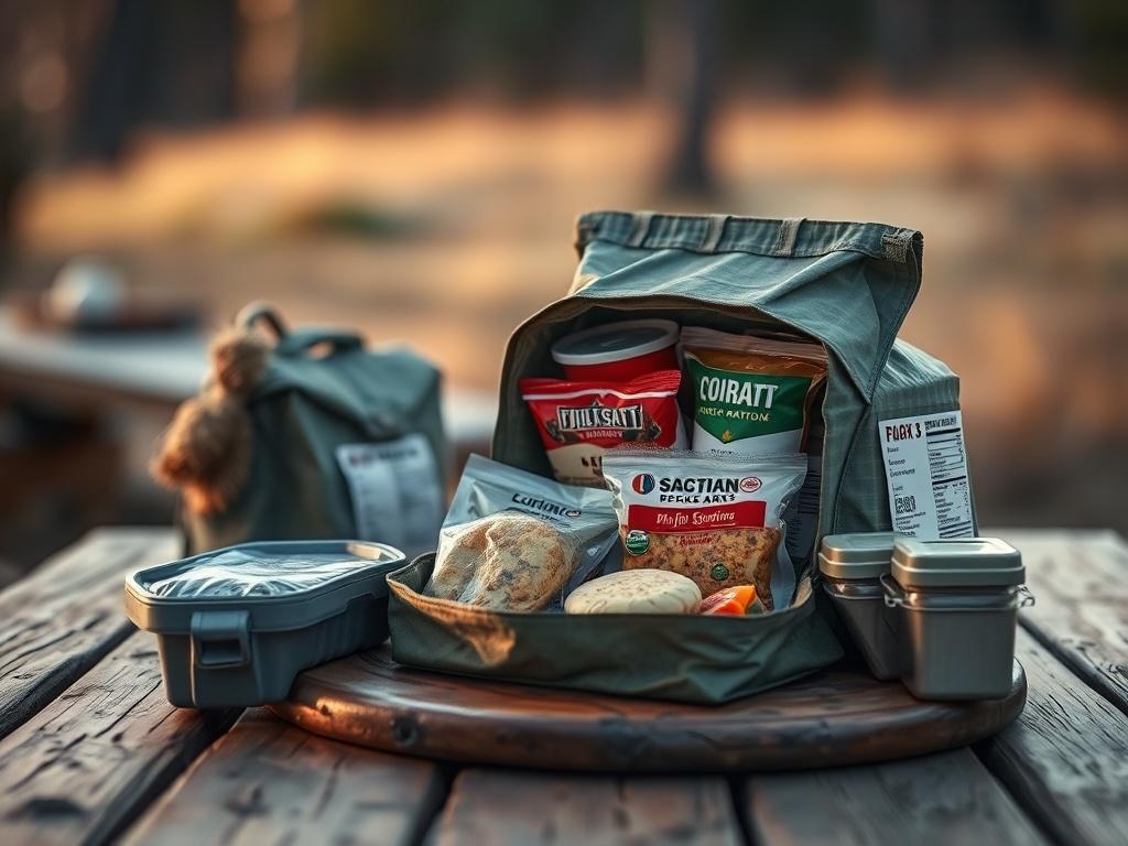 A neatly arranged pack of chilled army rations displayed on a rustic wooden table, showcasing the various meal options inside. The background should have a natural outdoor setting with soft lighting that enhances the atmosphere of adventure and readiness.