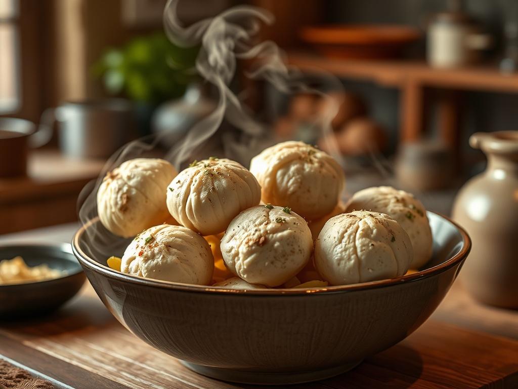 A steaming dish of instant heat meal featuring giant puffball mushrooms, presented in a stylish bowl. The scene should have a cozy kitchen background with warm lighting, emphasizing the inviting and quick meal preparation.