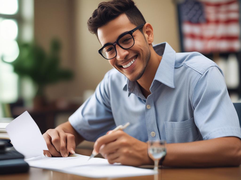 A hyper realistic close up of a smiling applicant completing