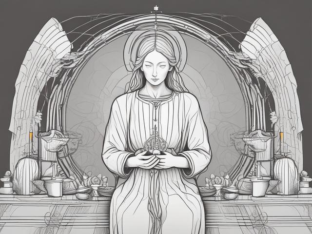 **Prompt for AI Image Generation:**

Create a high-quality illustration that embodies the theme "Understanding Spiritual Communion." The composition should be simple and clear, featuring a serene and solitary figure engaged in a reflective moment, symbolizing deep spiritual connection with God. The subject should be a middle-aged person, sitting cross-legged on a soft grassy knoll, eyes closed in meditation, with a gentle smile that radiates peace and contentment.

The character should be depicted in modest