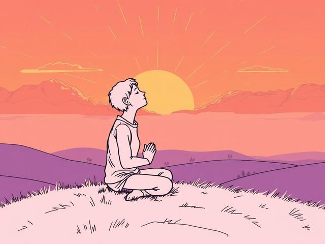 **Image Generation Prompt:**

Create a high-quality illustration that embodies the theme titled "Discovering the Power of Prayer." The composition should be simple and clear, featuring a single subject in a serene setting. 

The subject is a figure of a person sitting peacefully on a soft, grassy hilltop, gazing up at a radiant sky painted with warm hues of orange and soft purple, signifying dawn or dusk. The person, depicted in a thoughtful or meditative pose, should be shown with closed eyes, hands gently