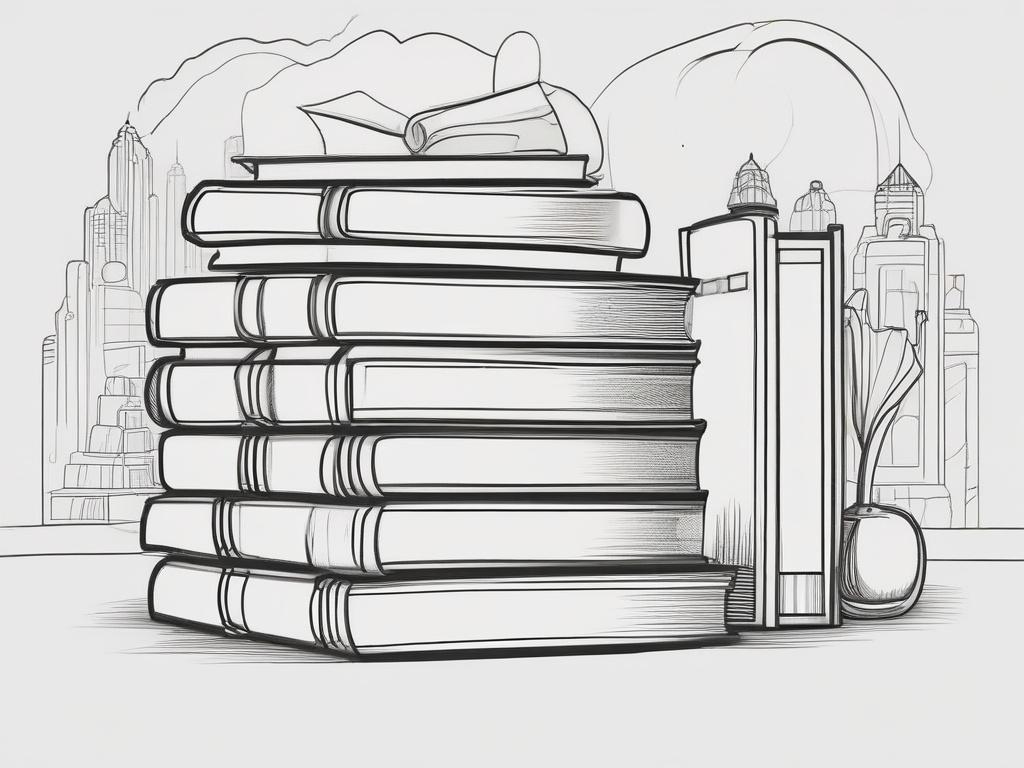 a high-quality illustration of a stack of seven foundational books, crisp black line drawing style, with a serene background representing spirituality