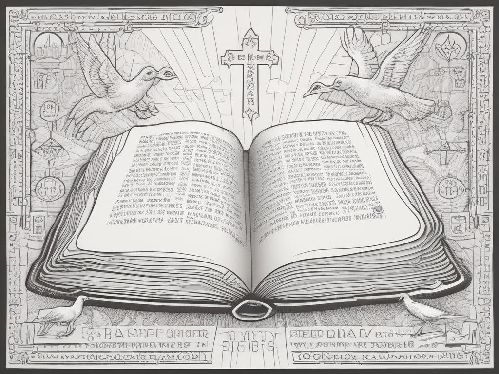 a high-quality illustration of an open Bible with highlighted verses, crisp black line drawing style, surrounded by symbols of faith like a cross and a dove in a harmonious setting