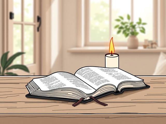 **Prompt for AI Image Generator:**

Create a high-quality illustration that captures the essence of the blog titled "The Power of Daily Devotionals." The composition should be simple and clear, focusing on a single subject: an open Bible resting on a wooden table. The Bible should be prominently displayed, with pages slightly turned to suggest active reading. Surrounding the Bible, place a softly glowing candle, signifying the light of God's Word illuminating a dark space. 

In the background, include a ser