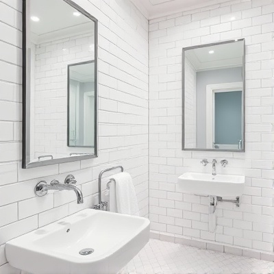 Spa-like bathroom with pristine tiles and gleaming fixtures
