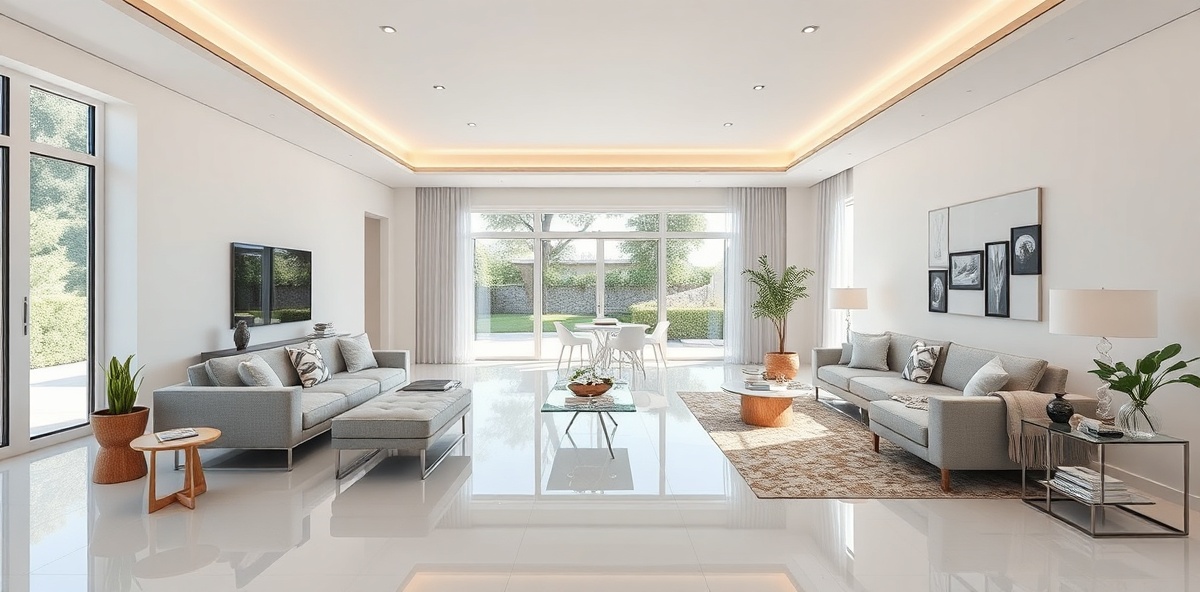 Stunning pristine living room with luxury furnishings and immaculate floors