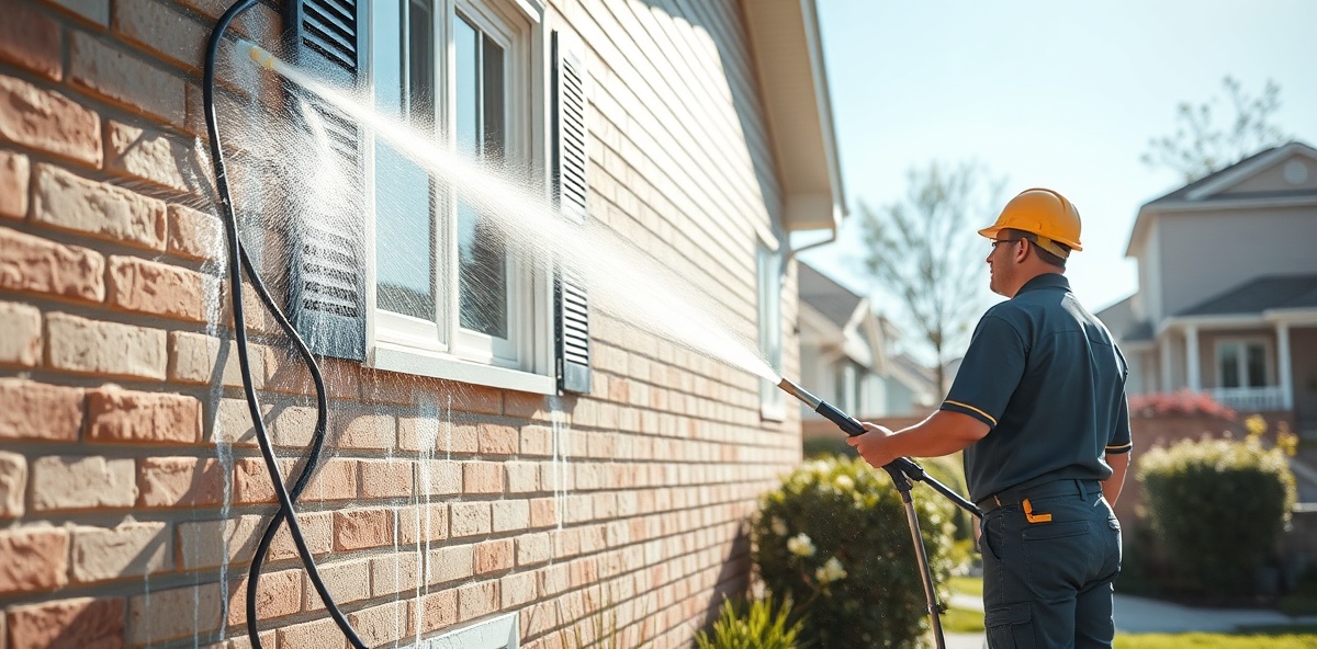 Professional pressure washing service cleaning exterior house wall
