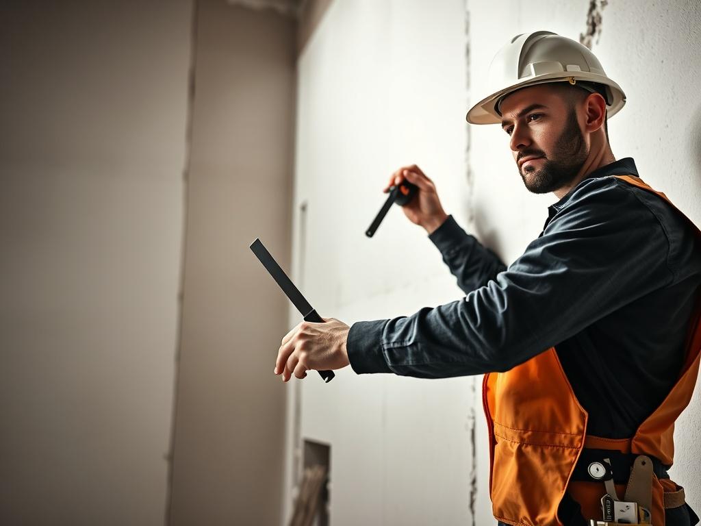 A realistic high-resolution photo of a skilled worker applying drywall in a well-lit interior space. The scene captures the worker in action, focused on precision, with tools like a drywall knife and measuring tape visible. The background shows freshly installed drywall sheets, emphasizing the craftsmanship involved in the process. The lighting highlights the textures of the drywall and the worker's determined expression, creating a stark contrast with deep shadows.