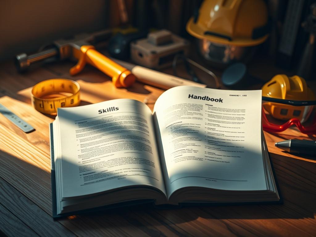 A realistic high-resolution photo of an open construction skills handbook on a wooden desk, surrounded by construction tools like a tape measure, hammer, and safety goggles in the background, illuminated by warm sunlight, creating a contrast between light and shadow.