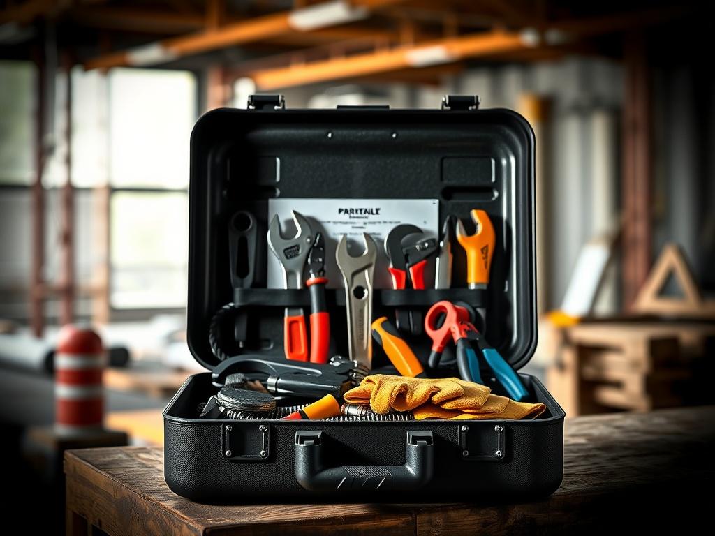A high-resolution photo of an open apprenticeship toolkit displaying various tools like a wrench, pliers, and safety gloves, on a workbench, with a blurred construction site in the background, emphasizing the practical use of the kit.