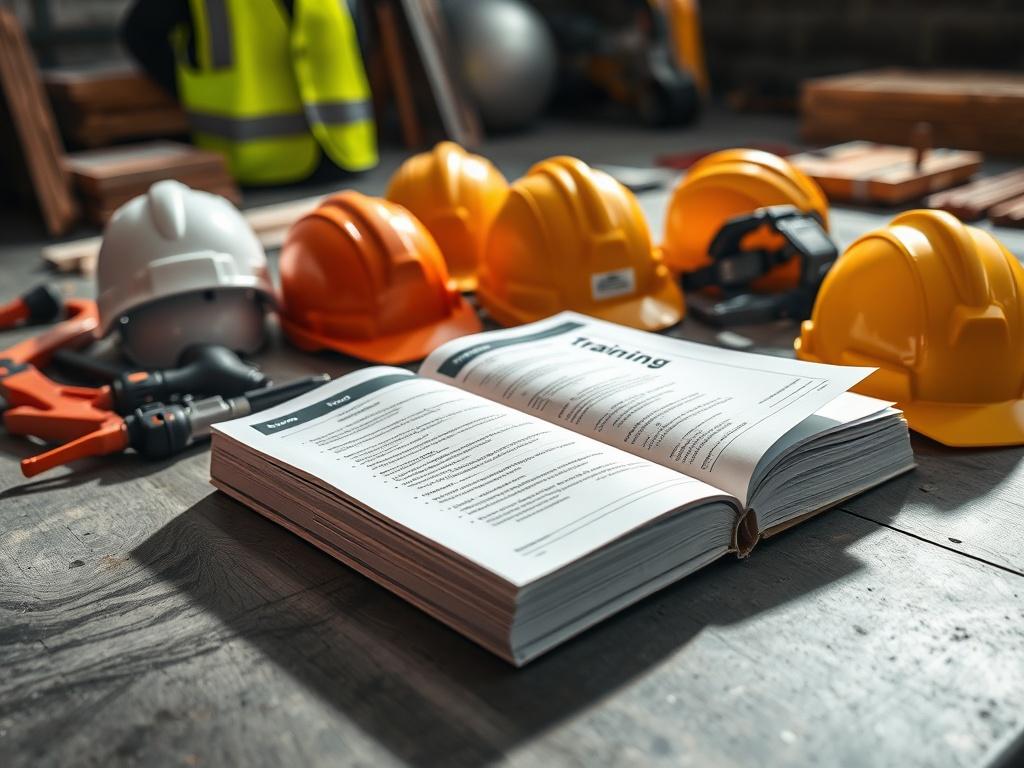 A high-resolution photo of an open safety training manual on a construction site table, surrounded by safety gear like helmets and vests, with tools and materials in the background, captured in bright daylight to highlight the importance of safety.
