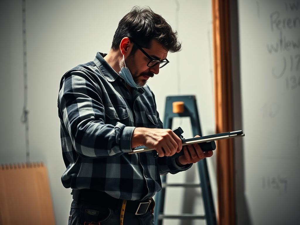 A skilled instructor demonstrating drywall installation techniques in a bright, workshop-like setting. The instructor is focused on measuring and cutting drywall, surrounded by tools and materials. The background features a partially completed wall with drywall sheets, studs, and fasteners. The lighting is bold and high-contrast, emphasizing the action and tools used in the demonstration.