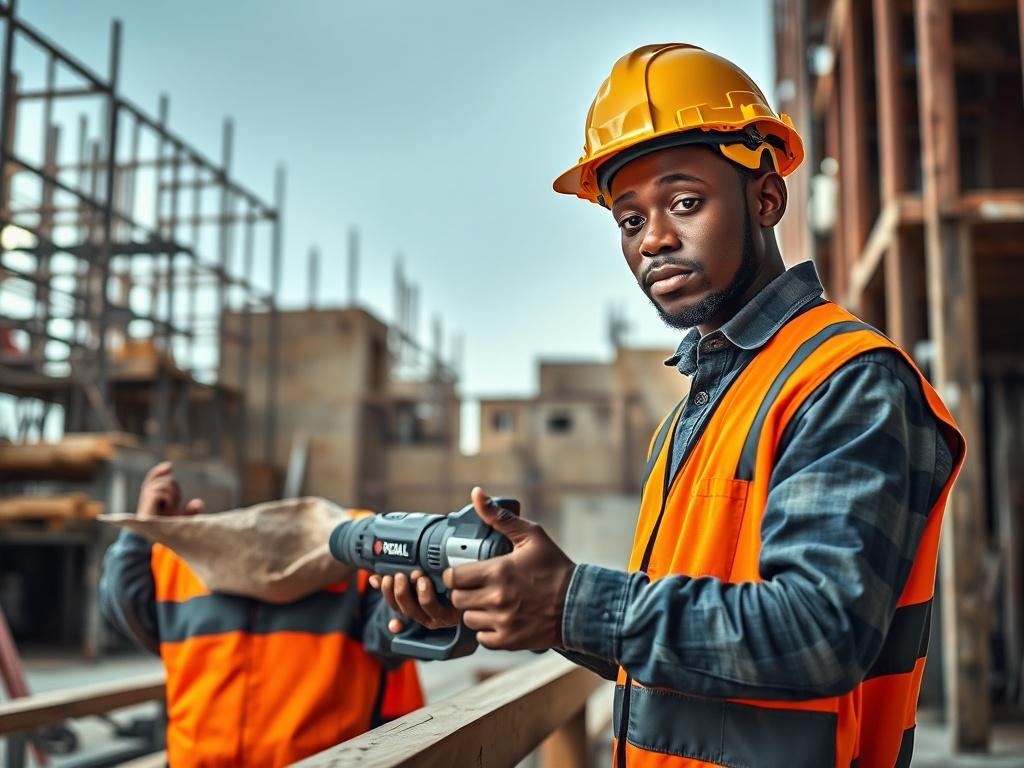 Create a realistic high-resolution photo that captures the essence of an apprenticeship in construction. Focus on a skilled construction apprentice, a young adult of diverse ethnicity, actively engaged in a hands-on task such as measuring materials or using a power tool, wearing a safety helmet and work clothing. The apprentice should be the sole subject, exuding confidence and concentration.

The background should depict a construction site with scaffolding, building materials, and partial structures that 