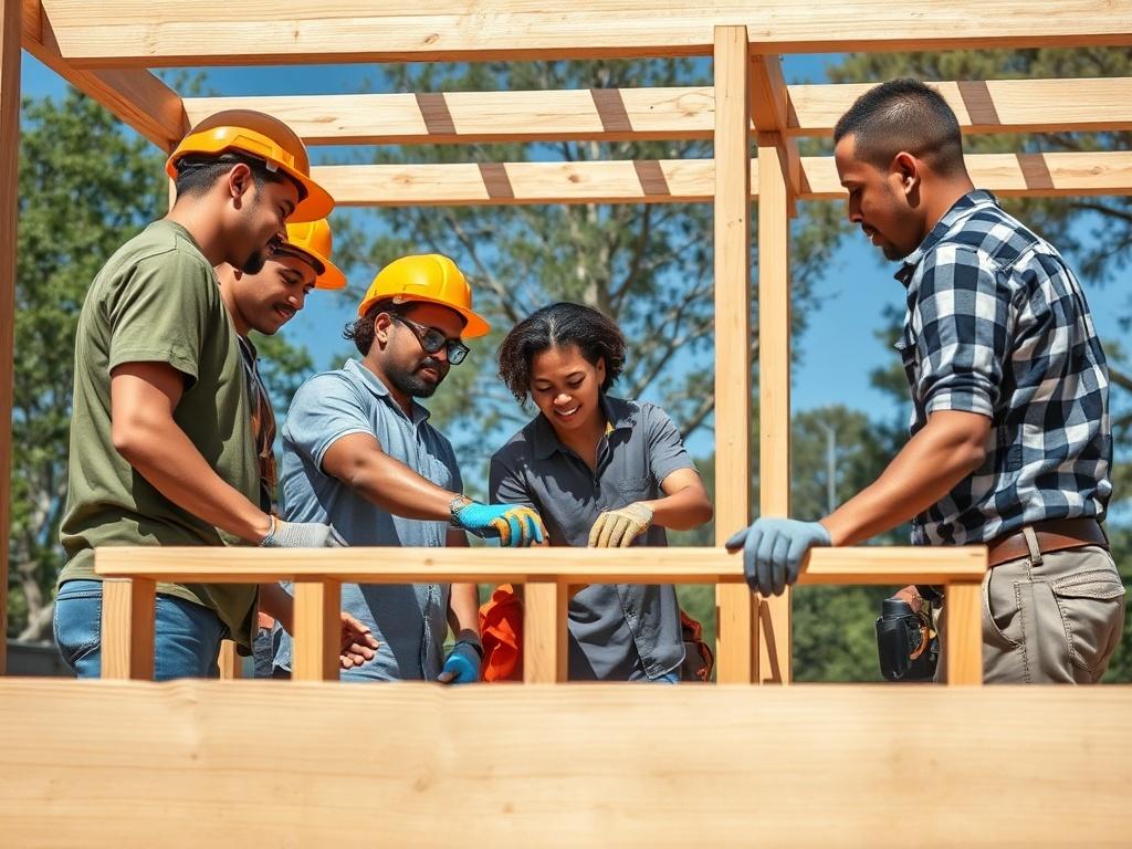 A realistic high-resolution photo of a diverse group of young adults engaged in hands-on construction training. They are working together to build a wooden frame structure under the guidance of an experienced instructor. The setting is outdoors, with a clear blue sky and trees in the background, creating a natural and inviting atmosphere. The individuals are wearing safety gear, such as hard hats and gloves, and are actively collaborating, showcasing teamwork and skill development.