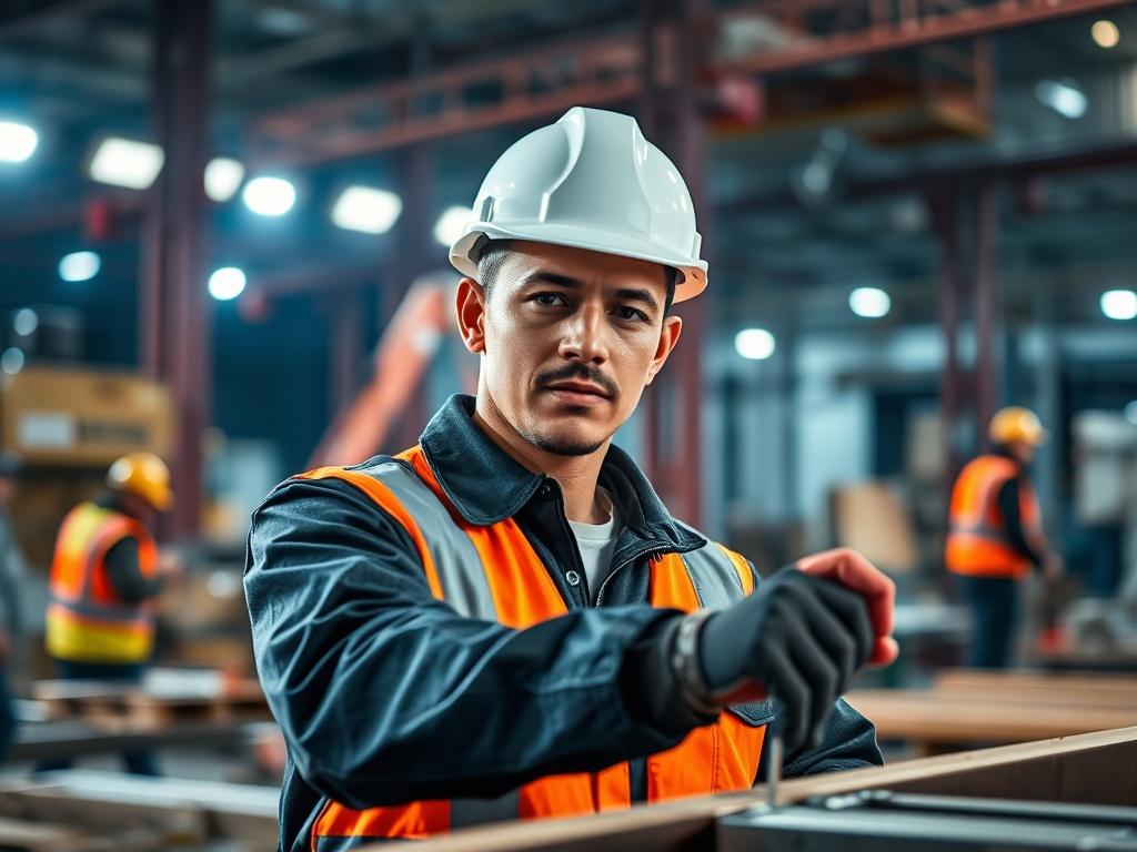 A powerful and inspiring image of a construction apprentice in a hard hat, actively engaged in a hands-on training session at a construction site. The background should showcase a busy construction environment with workers and machinery, emphasizing the importance of workforce development. The lighting should be bold and dynamic, highlighting the apprentice's determination and focus. The composition should be clear, with the apprentice as the sole subject, creating an impactful visual representation of skil