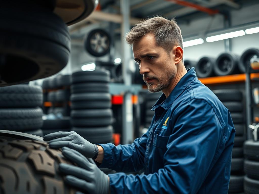 A skilled mechanic working on a vehicle tyre in a