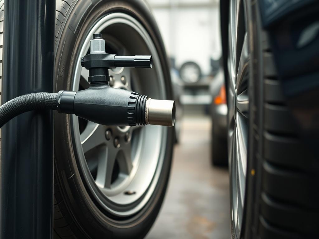 A close-up shot of a tyre being filled with air at a workshop, showing the air pump and tyre valve, with a clean and minimal background.