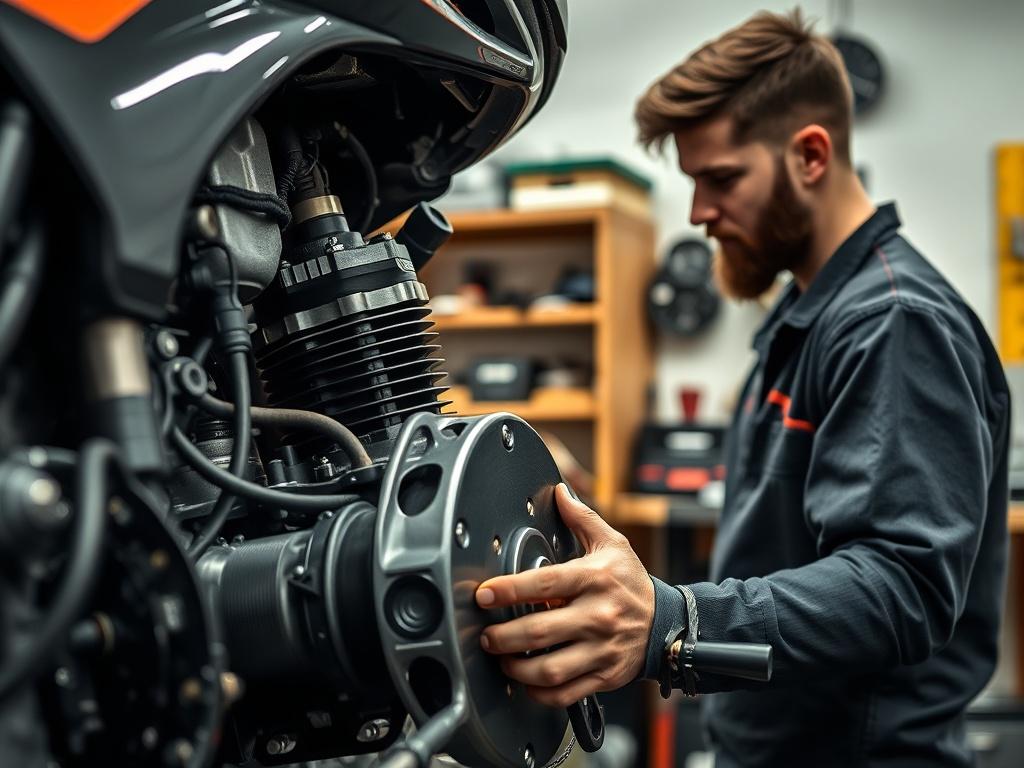 A close-up shot of a mechanic working on a motorcycle engine in a workshop, showcasing tools and parts, with a clean and organized background.