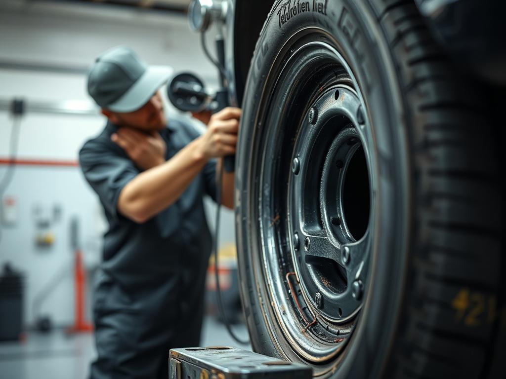 A close-up shot of a mechanic repairing a tyre in a workshop, focused on the tyre and tools, with a clean and simple background.