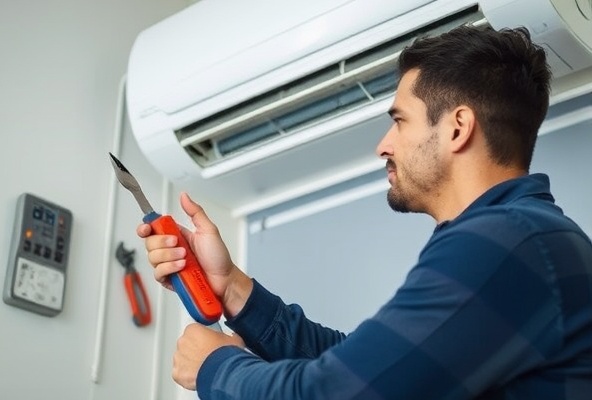 HVAC technician diagnosing and repairing air conditioning unit