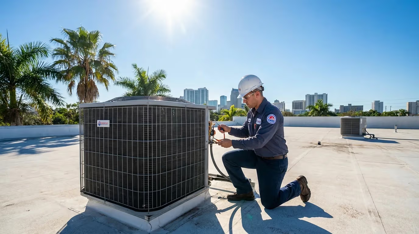 Professional HVAC technician servicing an air conditioning unit in Florida