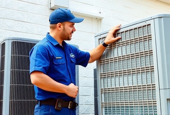 Professional HVAC technician working on outdoor air conditioning unit