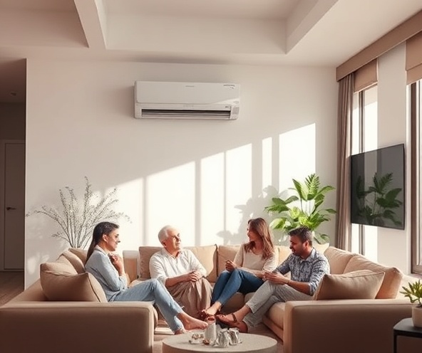 Comfortable home interior with family enjoying their air-conditioned space
