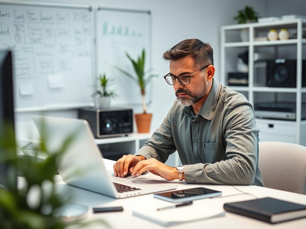Create a realistic high-resolution photo to reflect a blog titled "Maximizing Your IT Support Efficiency." The composition should be simple and clear, featuring a single subject: a focused IT support technician sitting at a modern desk, actively engaged in problem-solving on a laptop. The technician should be a middle-aged individual of diverse background, wearing casual office attire, with a thoughtful expression as they analyze data on the screen. 

In the background, include soft, out-of-focus elements l