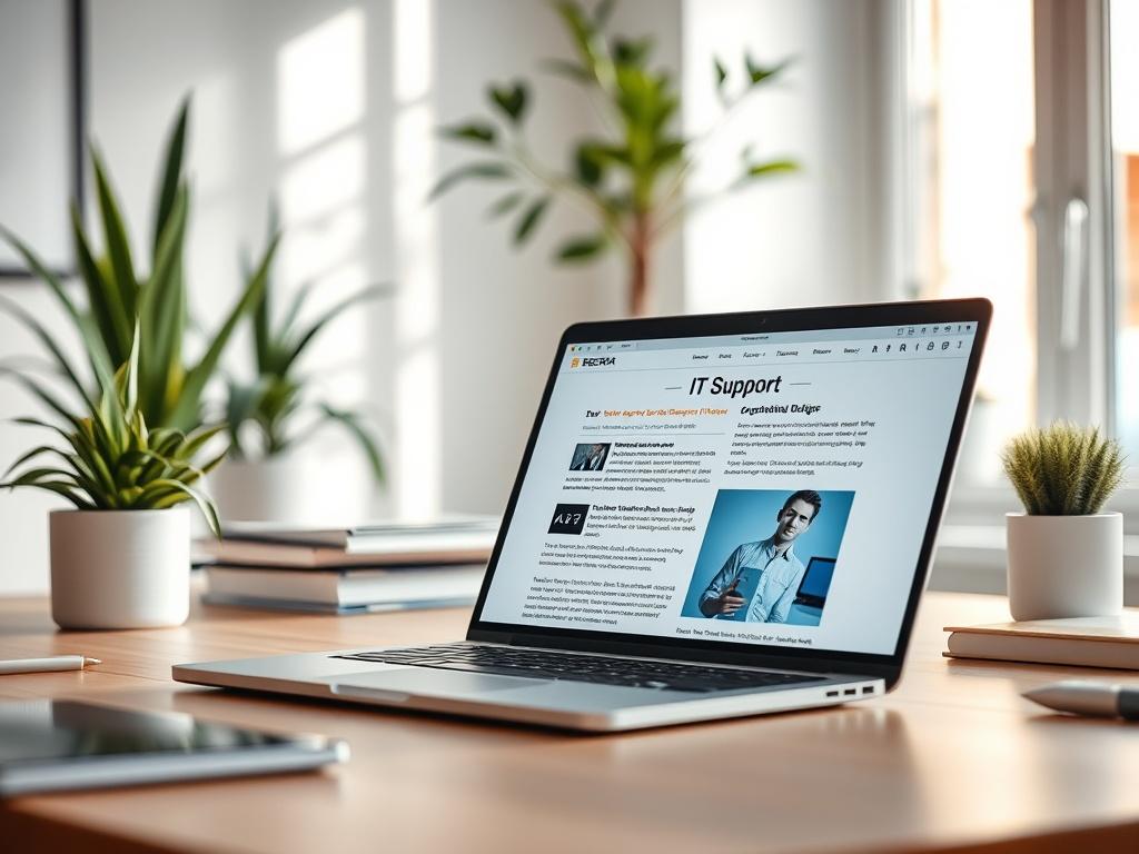 A clean and modern workspace with a laptop open displaying IT support articles. The background should have soft natural lighting, plants, and minimalistic decor to create a professional ambiance. The focus is on the laptop screen showing clear text and visuals related to IT support, while the surrounding elements remain softly blurred to emphasize the subject.