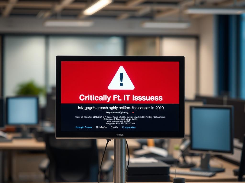 A hyper-realistic close-up shot of a computer monitor displaying a warning sign for critical IT issues. The monitor is positioned in a modern office setting, with a blurred background of office equipment. The lighting should be bright and focused on the monitor, highlighting the urgency of the situation. The overall color scheme should incorporate shades of rgb(50, 170, 39). The composition should be simple, showcasing only the monitor as the subject.