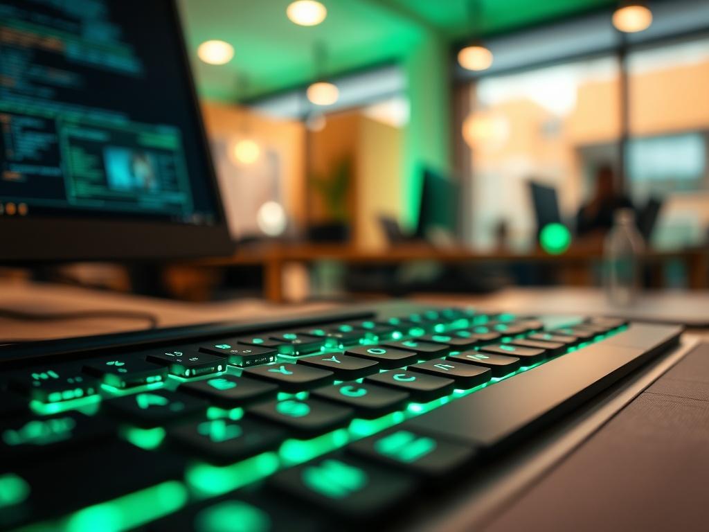 A hyper-realistic close-up shot of a computer keyboard with a glowing green light emanating from the keys, symbolizing technology and IT support. The background is softly blurred to emphasize the keyboard, with a modern office workspace ambiance. The lighting is warm and inviting, creating a professional yet approachable atmosphere.