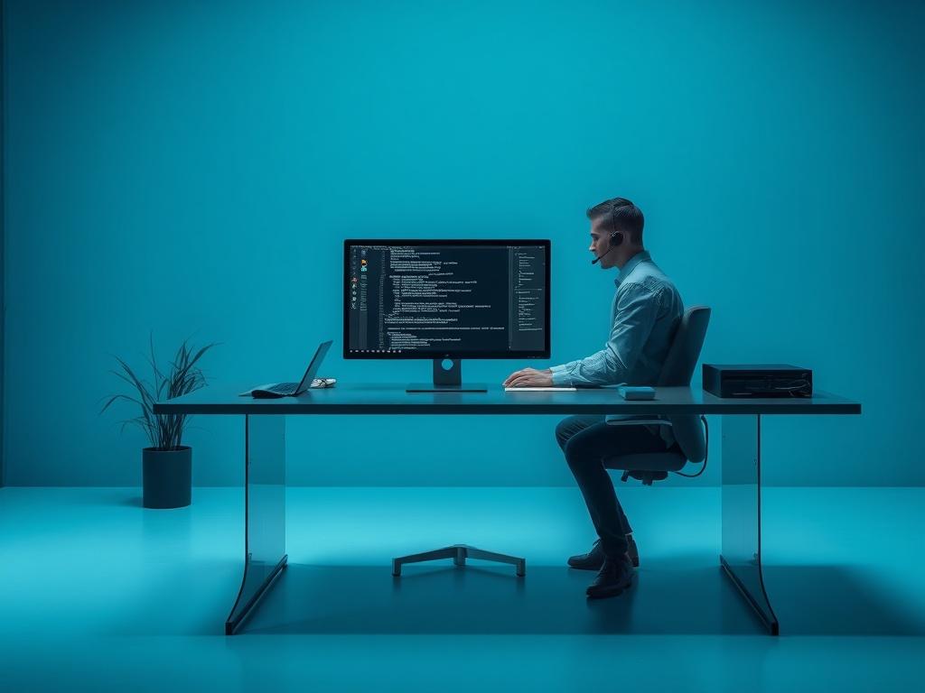 A professional IT support scene featuring a single, focused technician sitting at a sleek, modern desk, actively engaged in troubleshooting a computer issue. The background should be a cool-toned environment with shades of rich blues and soft grays, emphasizing a calm and efficient workspace. The technician is wearing a headset and looking at a computer screen, displaying technical data. The overall composition should be simple and clear, highlighting the technician's dedication to providing IT support.
