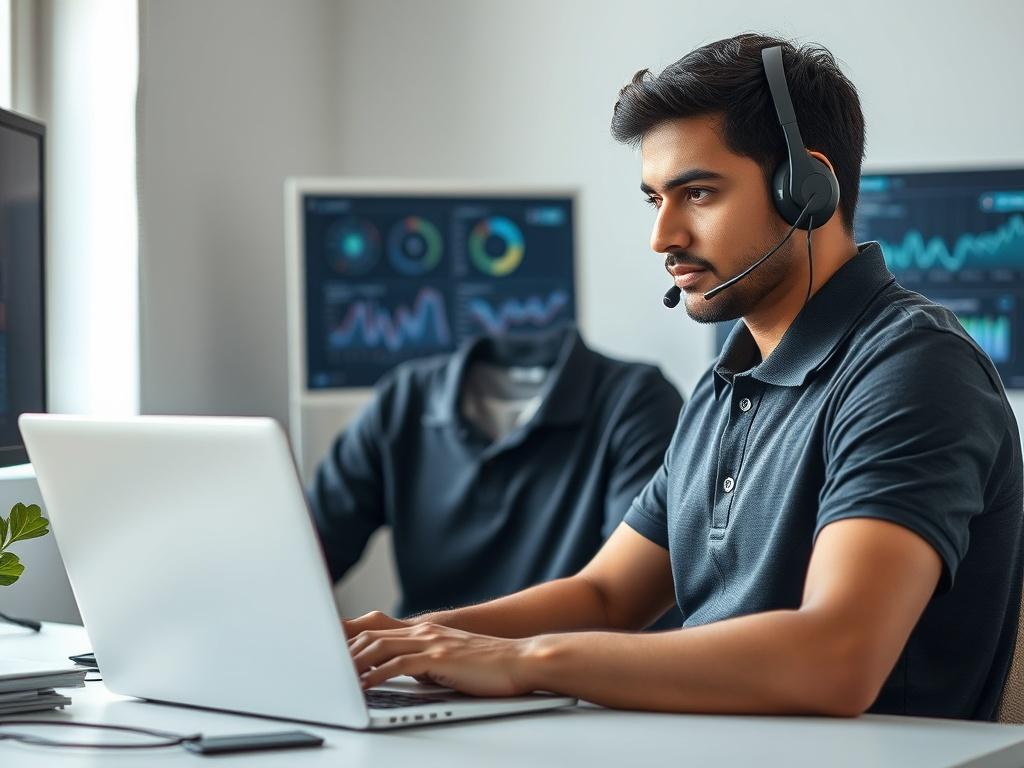Create a realistic high-resolution photo showcasing a professional IT support technician seated at a modern desk, deeply engaged in analysis on a laptop. The technician, a young South Asian man, presents a focused expression, wearing a sleek, dark-colored polo shirt and headset, indicating a commitment to client support. The background should feature a clean, minimalist office setting with subtle technology elements, like a couple of monitors displaying graphs and metrics without any text. Soft, natural lig
