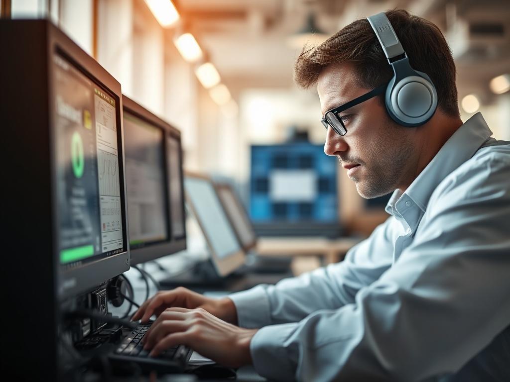 A close-up shot of a technician working on a computer in a modern office environment. The technician is focused and engaged, with tools and computer parts visible around them. The background is softly blurred to emphasize the technician, and the lighting is warm, creating a welcoming atmosphere. The image should evoke a sense of professionalism and reliability.