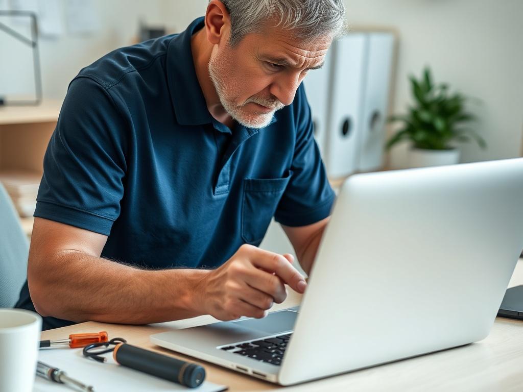 Create a highly detailed, realistic high-resolution photo for a blog titled "Top 5 Common IT Issues and How to Fix Them." The composition should be simple and clear, focusing on a single subject. Feature a close-up shot of a professional IT technician, a middle-aged individual with short hair, wearing a navy blue polo shirt, thoughtfully working on a laptop. This technician, demonstrating a troubleshooting action, should be engaged in inspecting the laptop screen while frowning slightly to convey concentrat