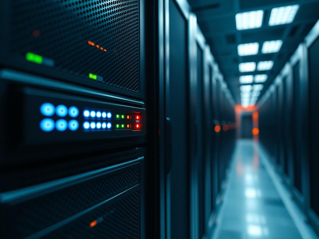 A close-up shot of a backup server with blinking lights, indicating data transfer in progress. The background is a server room filled with racks of servers. The lighting is cool and slightly dark, focusing on the server. The image conveys a sense of reliability and technology, highlighting the importance of data security.