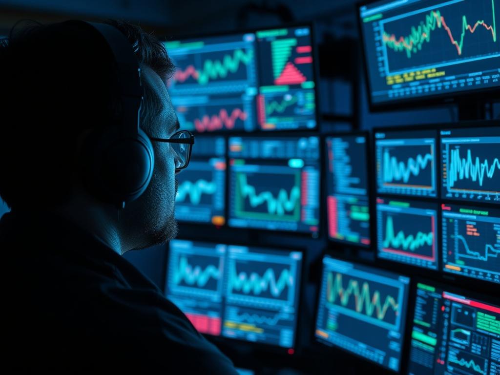 A close-up shot of a security analyst monitoring network traffic on multiple screens in a control room. The screens display various graphs and security alerts. The analyst is wearing headphones and appears focused. The room is dimly lit, with a blue hue from the screens, emphasizing a high-tech atmosphere. This image should convey a sense of vigilance and security.