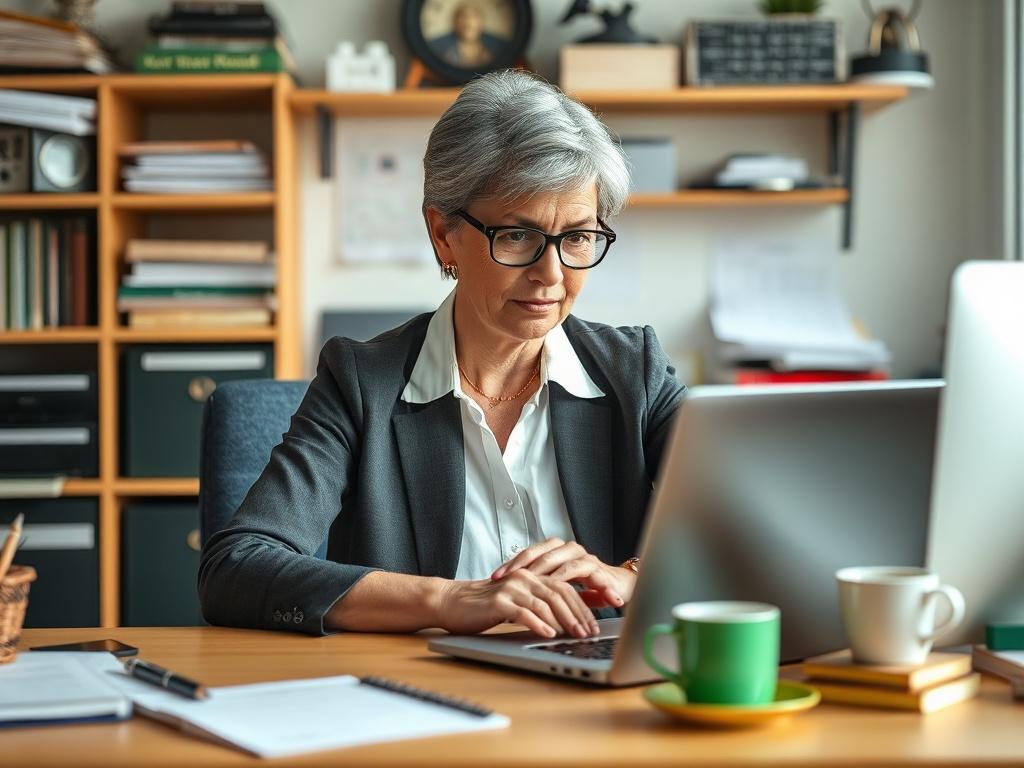 Create a realistic high-resolution image that visually represents the theme of cybersecurity for small businesses, titled "Top 5 Cybersecurity Tips for Small Businesses." The composition should be simple and clear, featuring a single subject: a small business owner, a middle-aged woman, sitting at a desk in her cluttered yet organized office. She is intently focused on her laptop, displaying a look of concentration and diligence as she reviews cybersecurity information to safeguard her business.

The backgr