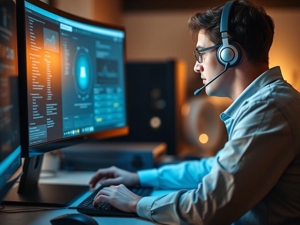 A close-up shot of a technician providing remote IT support via a computer screen, with a keyboard and mouse in view. The technician appears focused and engaged, illustrating professionalism and expertise. The background is softly blurred, highlighting the technician and the equipment, with warm lighting to convey a sense of reliability and comfort.