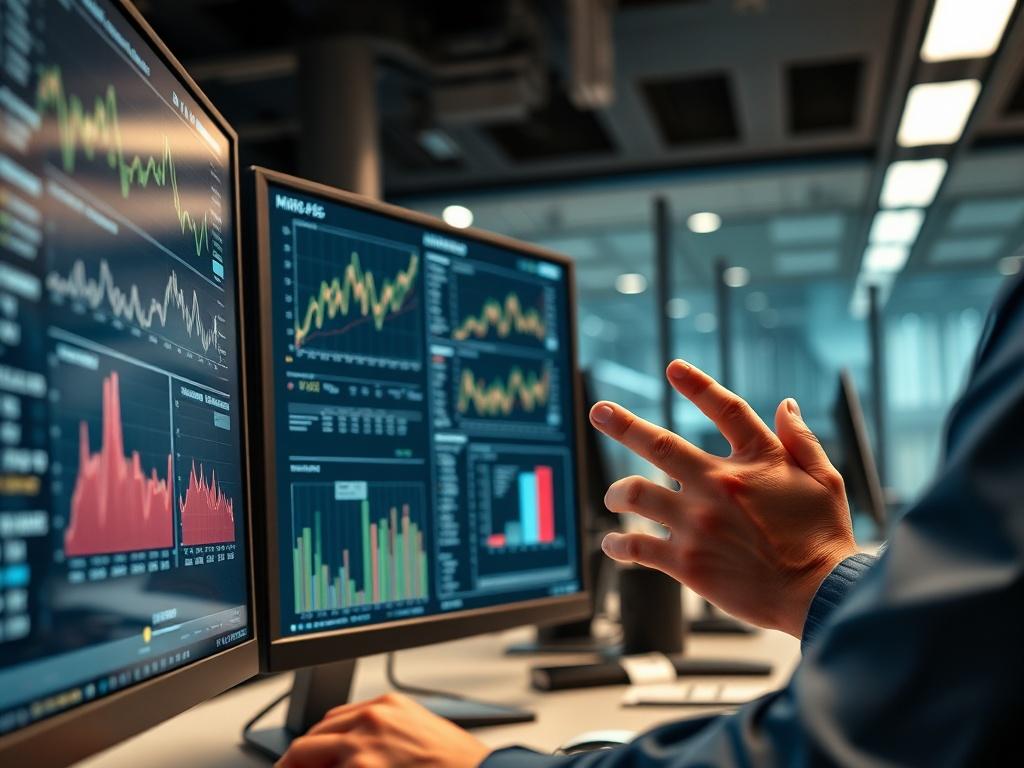 A close-up shot of a technician analyzing IT infrastructure data on multiple screens in a modern office setting. The focus is on the technician's hands navigating through graphs and metrics, showcasing the analytical aspect of IT management. The background features a sleek, tech-savvy environment, emphasizing innovation and efficiency.