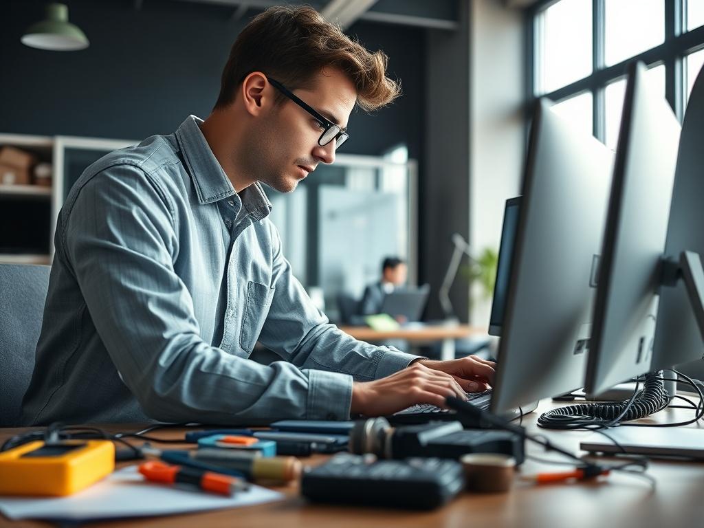 A close-up shot of an IT technician working on a computer at a client's office, with tools and equipment spread out on a desk. The technician looks focused and determined, demonstrating a hands-on approach to solving technical issues. The office environment is professional, with natural light illuminating the scene, highlighting the collaborative effort.