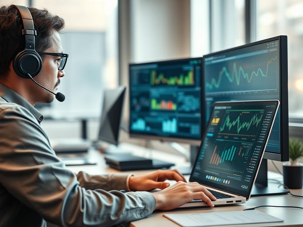 A realistic high-resolution photo of a professional IT support technician working at a desk, focused on a laptop with multiple screens displaying graphs and data. The background should show an organized and modern office environment, with soft natural light coming through a window. The composition should emphasize the technician's concentration and the technology they are using, while showcasing a clean and efficient workspace.