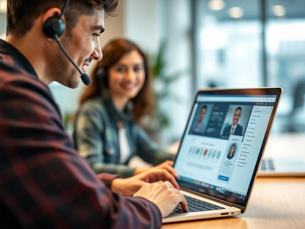 A close-up shot of a technician assisting a client remotely on a laptop, showcasing a friendly and professional atmosphere. The technician appears engaged, with a headset and a focused expression, while the laptop screen displays a support interface. The background is softly blurred to emphasize the interaction, featuring a modern office environment.