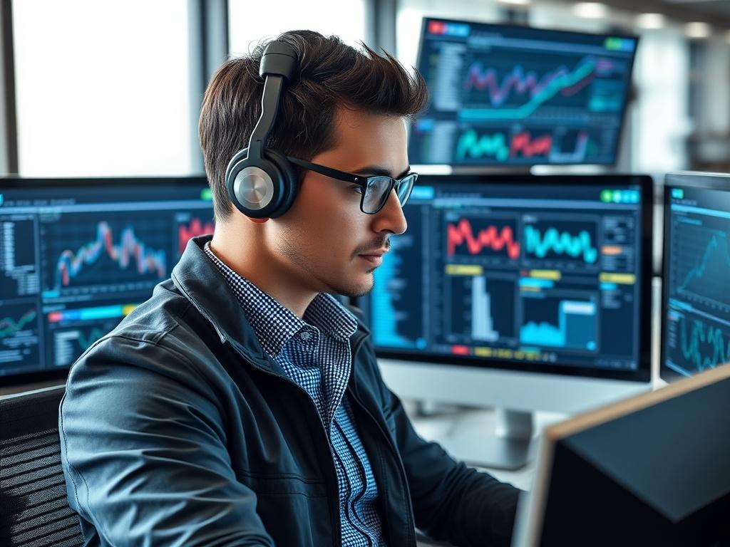A close-up shot of a professional IT technician analyzing data on multiple screens in a modern office setting. The technician appears focused and knowledgeable, wearing a smart outfit, with data visualizations visible on the screens. The background is a sleek office environment, emphasizing the high-tech aspect of IT support.